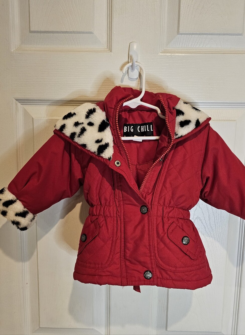 Kids Big Chill Red Puffer Jacket With Matching Overalls. Black& White Faux Fur